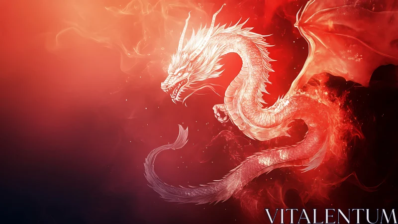 Luminous red dragon coils through blazing abstract firestorm.