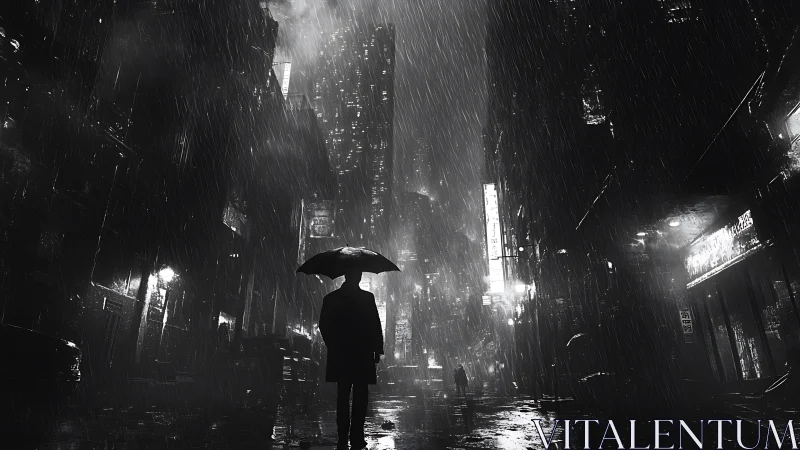 Silhouetted figure stands under umbrella in rainy neon city