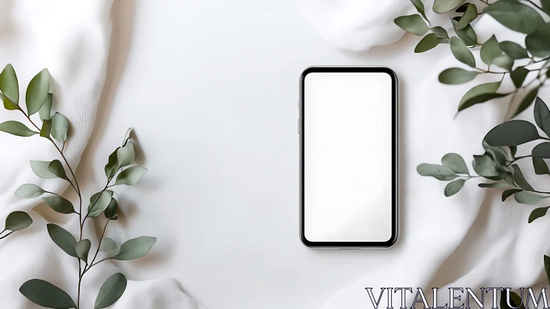 Smartphone with blank white screen surrounded by green eucalyptus foliage.