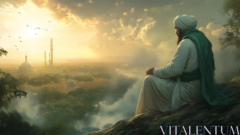 Solitary turbaned figure above misted valley and mosques.
