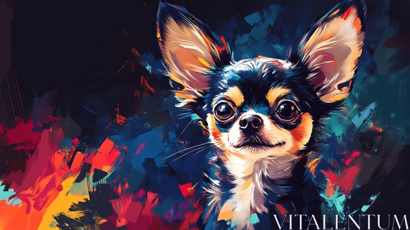 Vibrant digital portrait of longhaired Chihuahua on dark ground