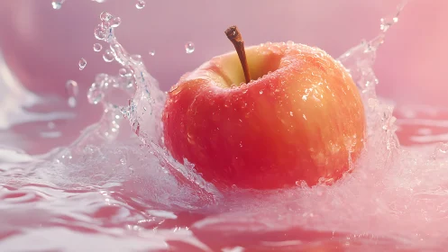 Juicy red apple splashes through pink water in crisp motion