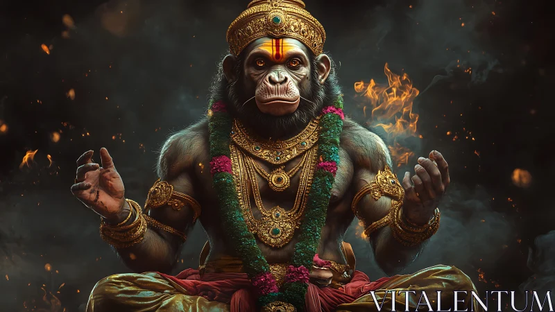 Regal monkey deity in ornate gold armor and garlands.