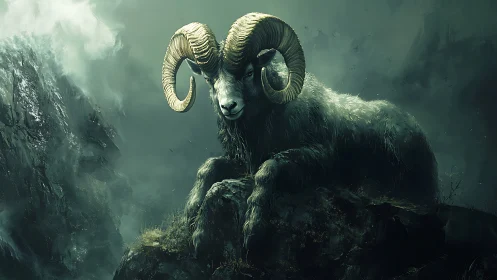 Storm-brooding mountain ram crowned in spiral thunderhorns.