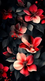 Red Blossoms Glowing Against Dark Foliage in Digital Art