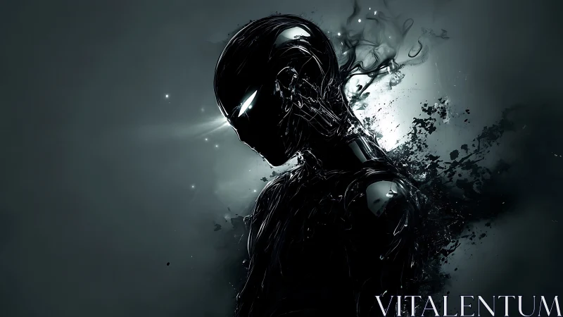 Cyberpunk biomech silhouette with liquid metal dispersion effect.