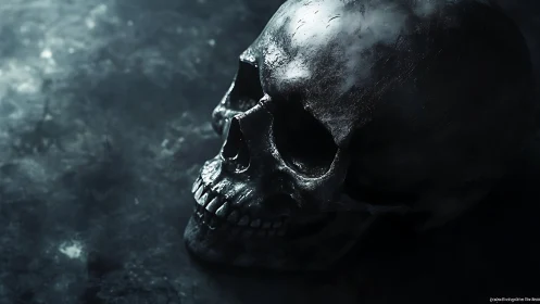 Obliquely lit human skull rendered with cinematic photorealism
