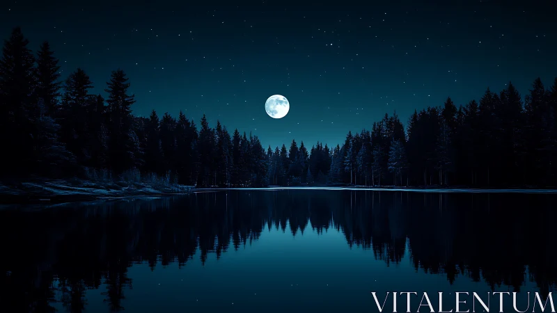 Full moon over conifer forest reflected in still lake at night.