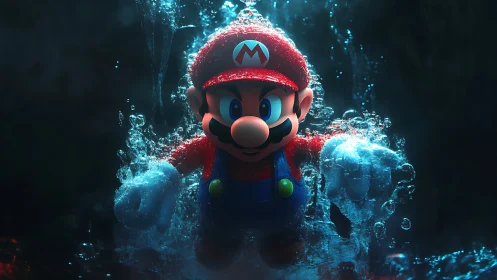 Energetic hero bursts through glowing water in vivid motion