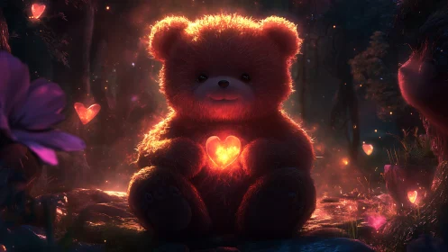 Glow-hearted forest teddy quietly cradles its midnight sun