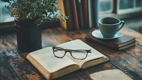 Open book, reading glasses, and coffee on rustic table.
