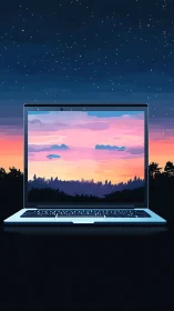 Laptop quietly frames a painted sunset between two nights