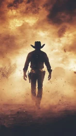 Dust-born gunslinger strides into molten evening storm