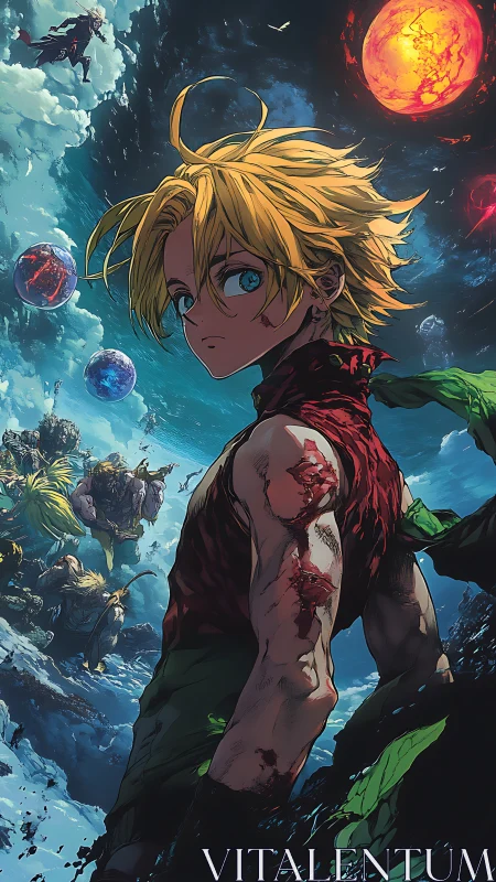 Battle-scarred anime hero stands in fractured cosmic sky.