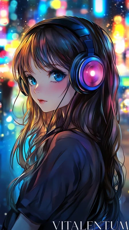 Girl wearing glowing headphones listens in neon city night