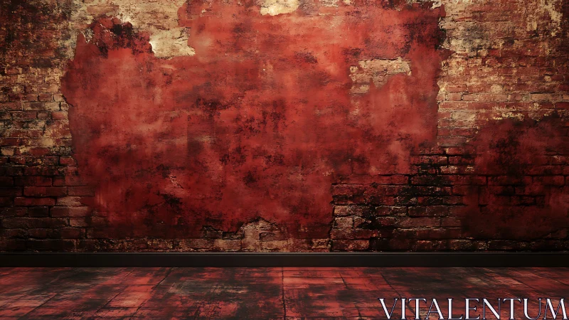 Red distressed brick wall and floor in empty interior space.