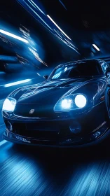 Sports car moves through blue neon tunnel at high speed