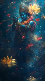 Divine blue musician plays the flute amid glowing lotus petals