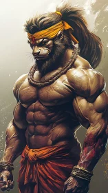 Lion-headed warrior monk burns with mythic molten strength.