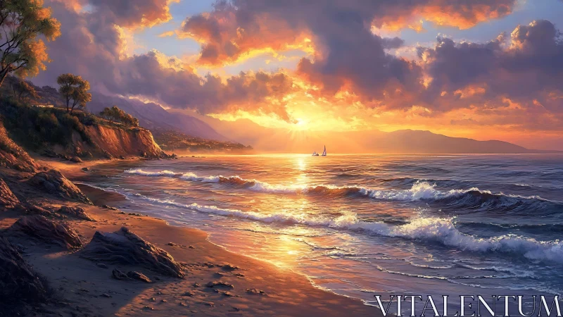 Sunlit surf kisses a copper shore beneath blazing clouds.