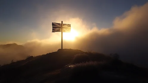 Union Jack silhouette drinks the sunrise at a misty summit