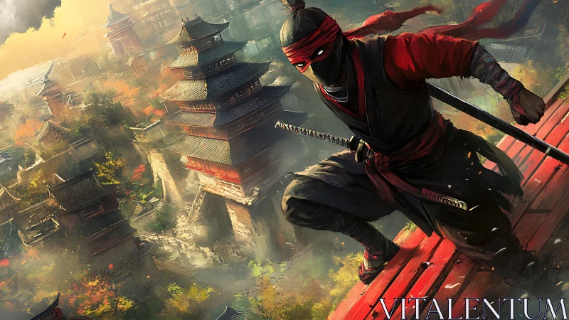 Masked ninja crouches above dense ancient cityscape at dusk