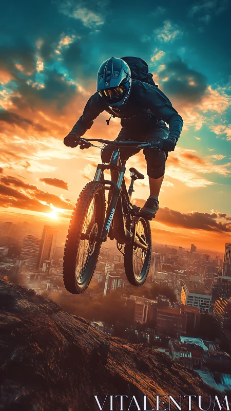 Daring Cyclist Soaring Above the Golden Sunset City