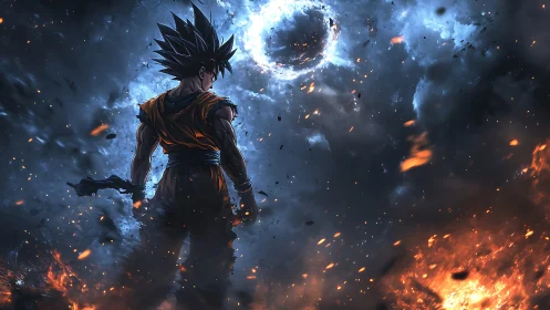 Cosmic warrior squares his silhouette against collapsing stars