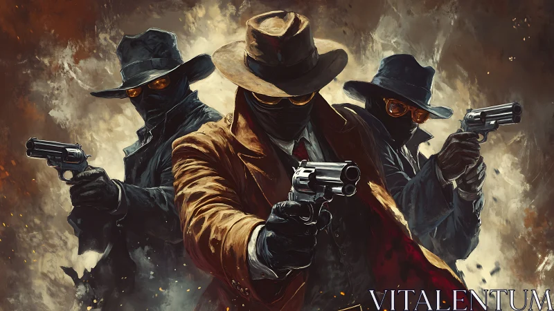 Trio of masked gunslingers advancing through swirling firestorm.