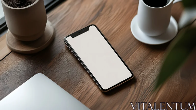 Smartphone on Wooden Desk with Coffee Cups.