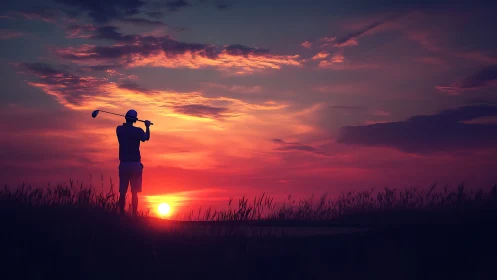 Golfer silhouette drives toward vivid sunset horizon.