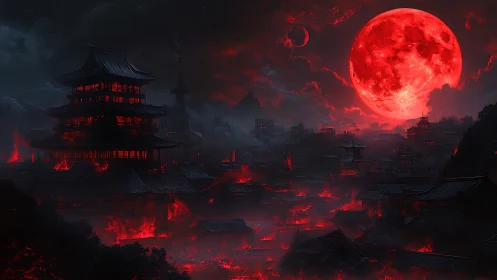Apocalyptic red moon over burning feudal Japanese cityscape