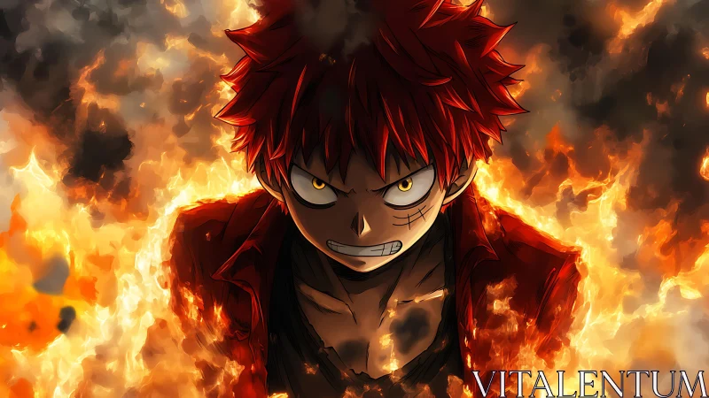 Inferno-eyed anime fighter strides through raging wildfire blaze.