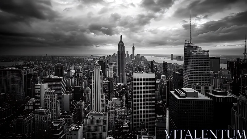 Monochrome stormlit metropolis skyline under dramatic clouds.
