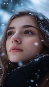 Close-up portrait of young woman outdoors in snowfall.