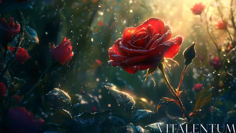 Crimson Rose with Dewdrops in Golden Backlighting.