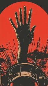 Raised hand silhouettes above drums in graphic limited-palette poster