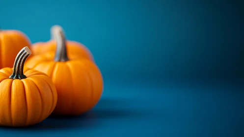 Small orange pumpkins are arranged against a blue backdrop
