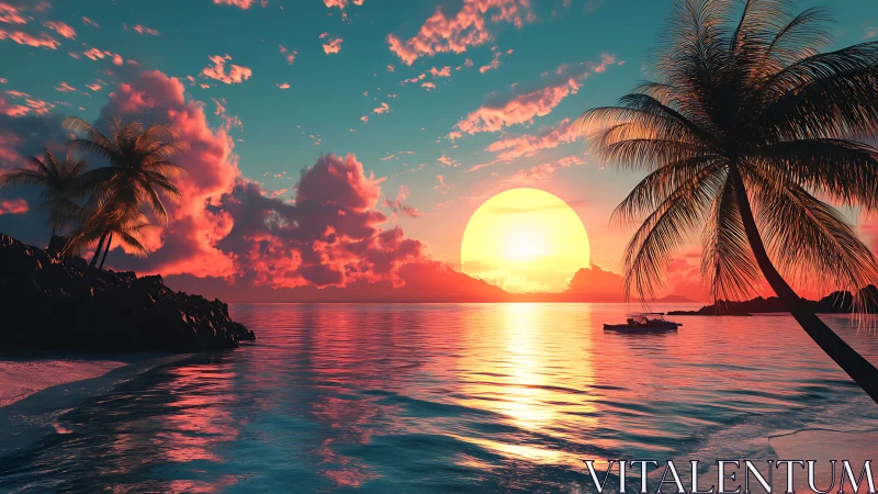 Sunset dominates tropical bay with silhouetted palm trees