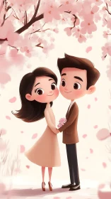 Young Couple Under Cherry Blossoms in Spring.
