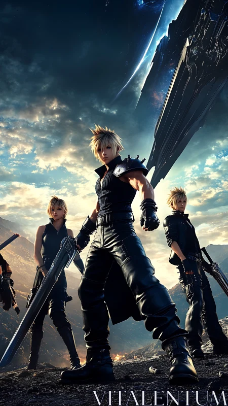 Futuristic sword warriors stand under looming starship sky