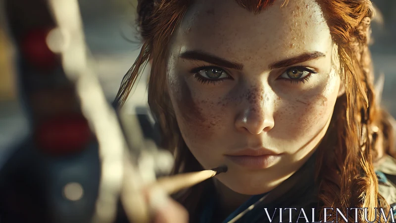 Fierce freckled archer in tight cinematic close-up focus.