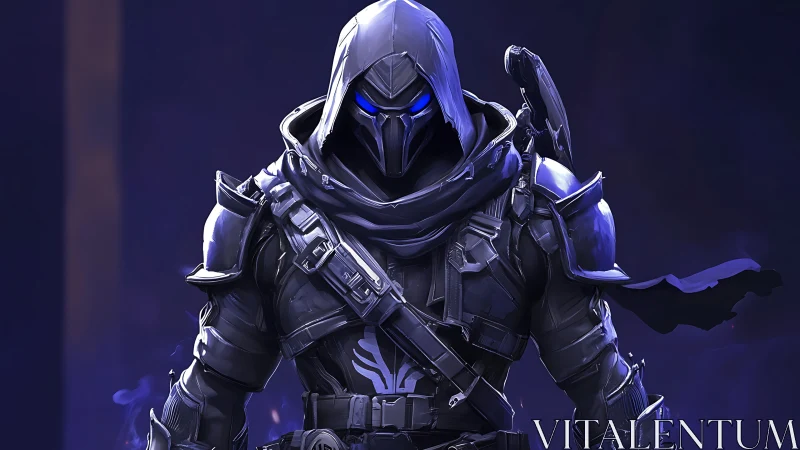 Shadow-clad cyber rogue with blazing neon eyes in armor.