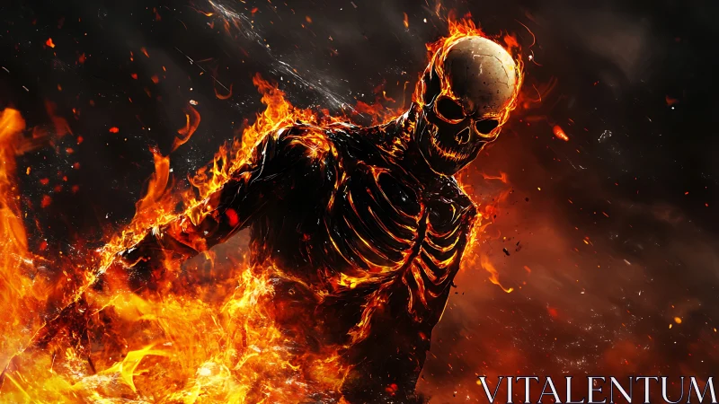 Flaming skeletal figure strides forward through intense fire