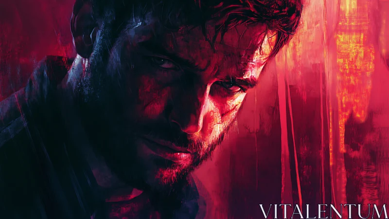 Digital painting portrait with cinematic red chiaroscuro focus.