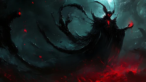 Nightmarish shadow lord rising amid bloodlit storm.