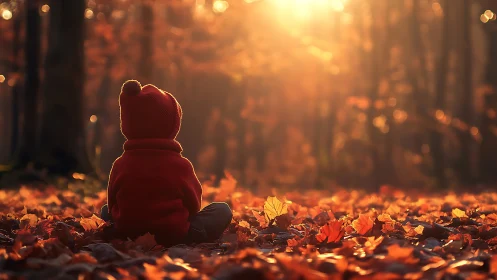 Backlit child in red hoodie seated amid sunlit autumn foliage