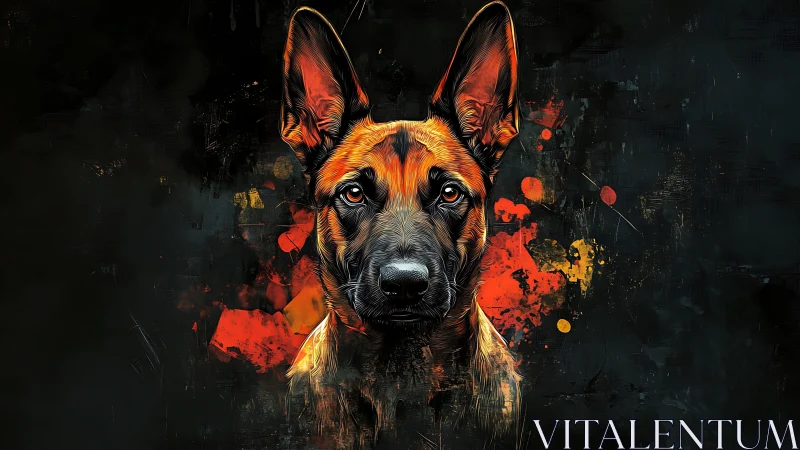 Intense shepherd portrait amid fiery abstract splashes.