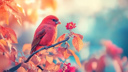 Vibrant red cardinal on autumn branch in dreamy, soft-focus style.
