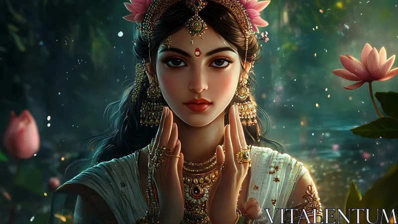 Digital portrait depicts woman in ornate attire by water